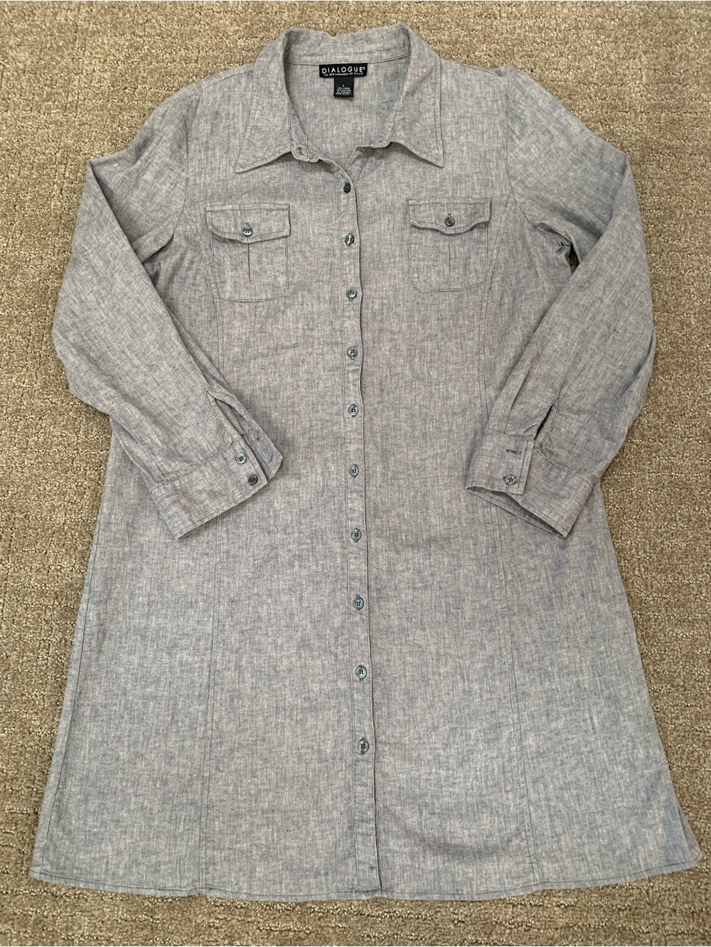 Dialogue Linen Cotton  Long-Sleeve Gray Button-Front Shirt Dress